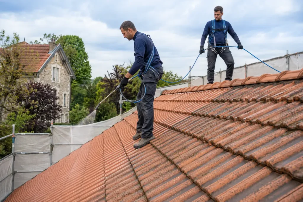 Application d’un traitement protecteur sur une toiture en tuiles