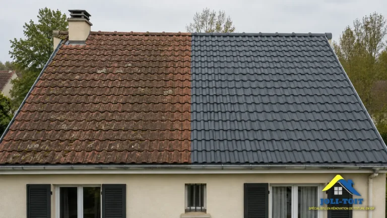 Comparaison illustrative d’une toiture avant et après l’application d’une résine hydrofuge colorée couleur ardoise
